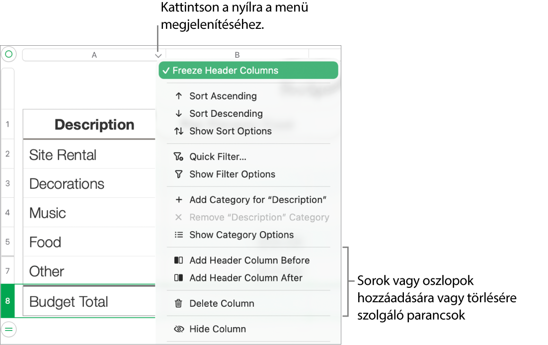 A táblázat oszlopmenüje az oszlopok és sorok hozzáadásának vagy törlésének parancsaival.