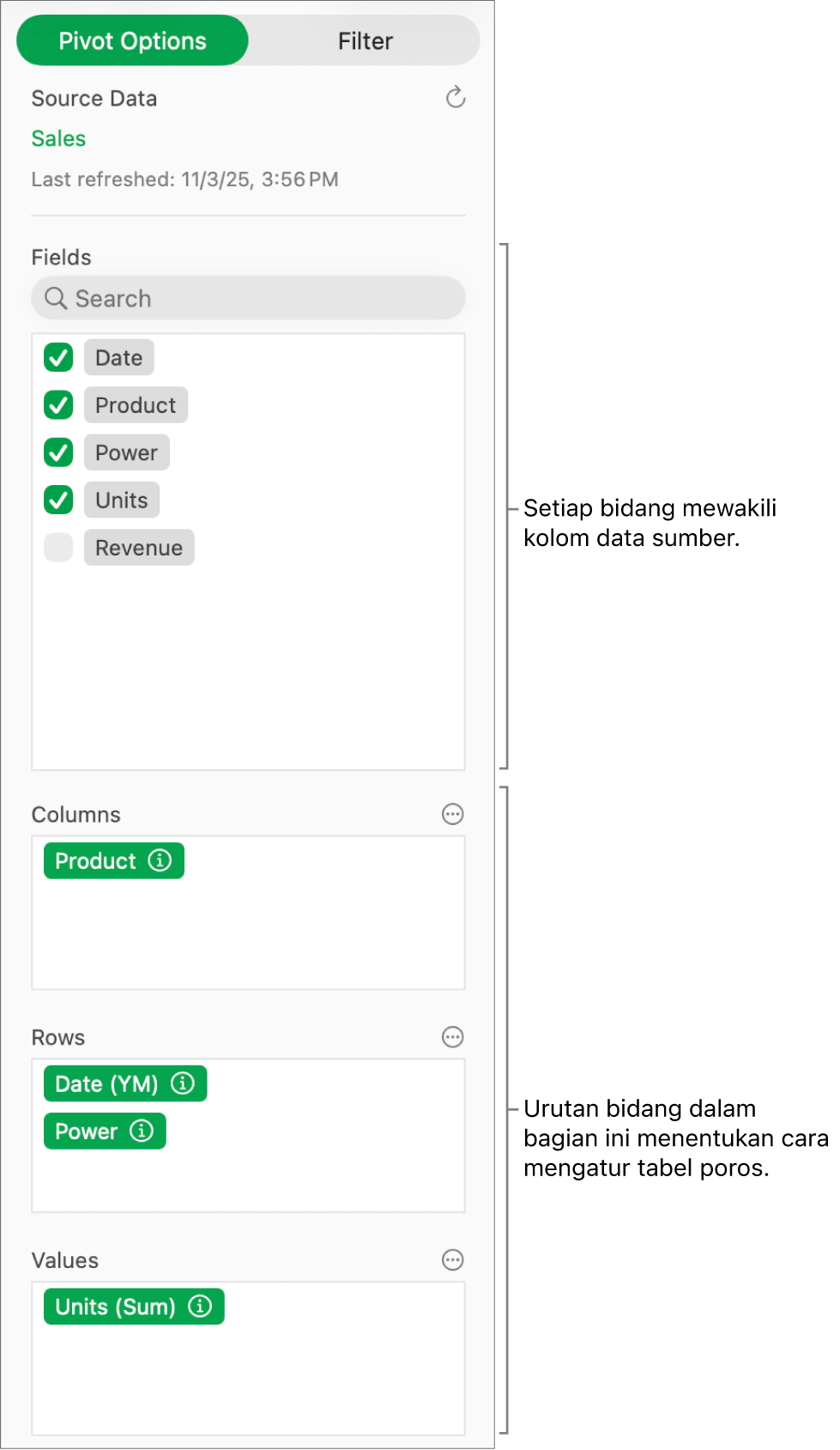Tab Pilihan Poros di bar samping Atur, memperlihatkan bidang di bagian Kolom, Baris, dan Nilai, serta kontrol untuk mengedit bidang dan menyegarkan tabel poros.