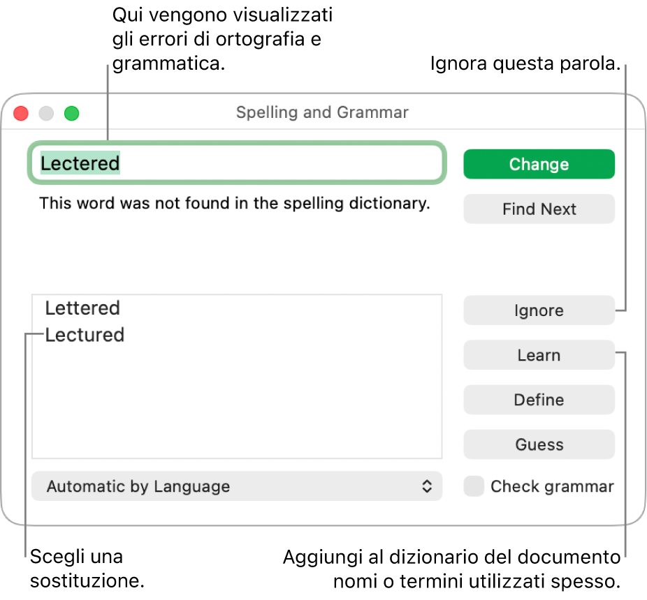 Finestra “Ortografia e grammatica”.