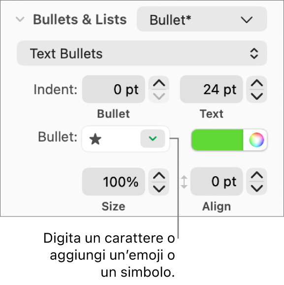 La sezione “Elenchi puntati” della barra laterale Formato. Nel campo “Punto elenco” viene visualizzata l’emoji di una stella.