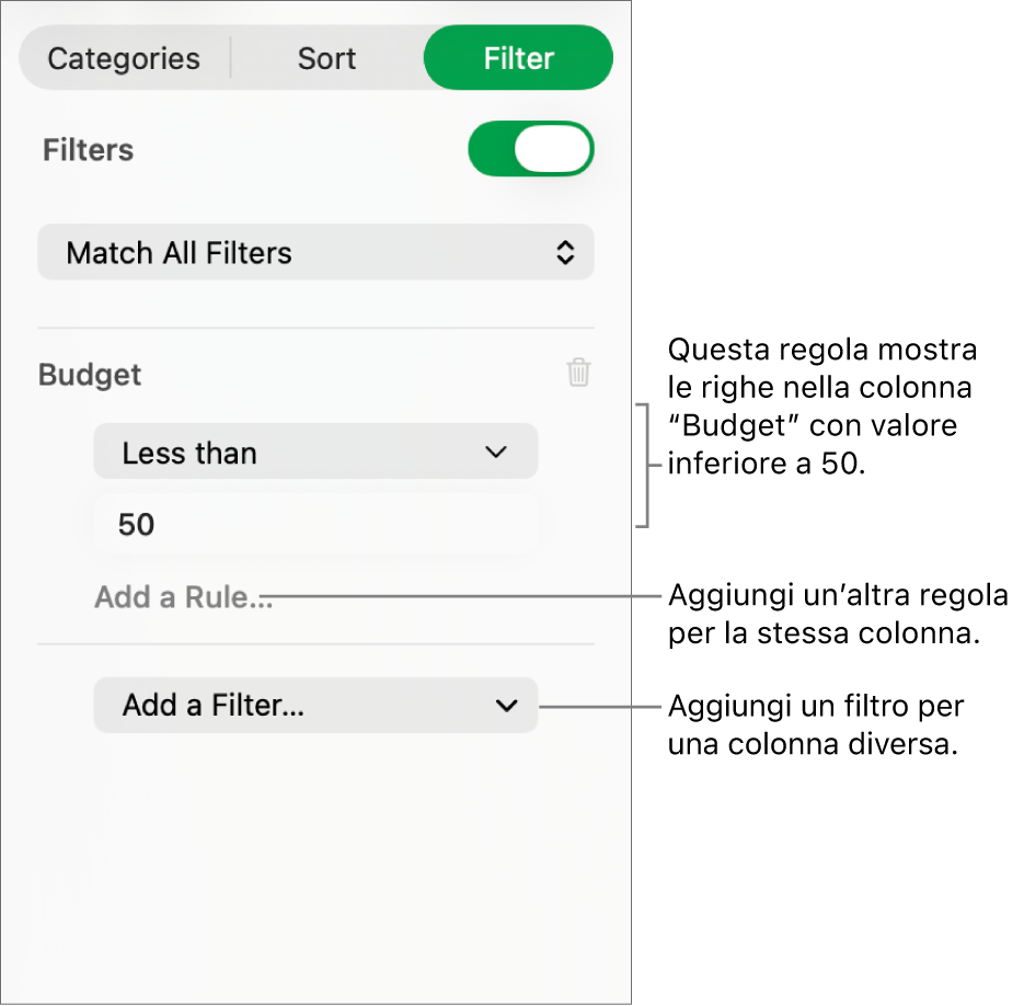 Controlli per la creazione delle regole di filtro.