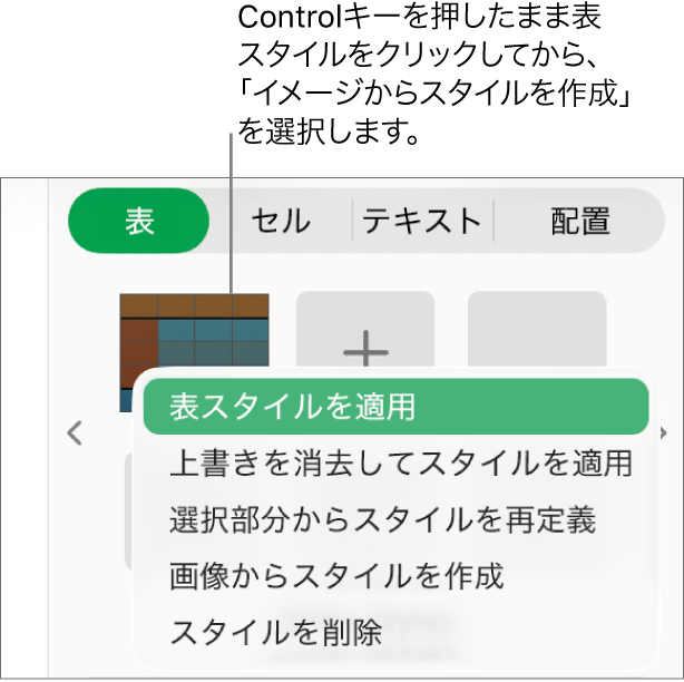 表スタイルのショートカットメニュー。
