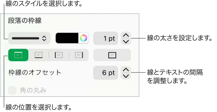 線のスタイル、太さ、位置、カラーを変更するためのコントロール。