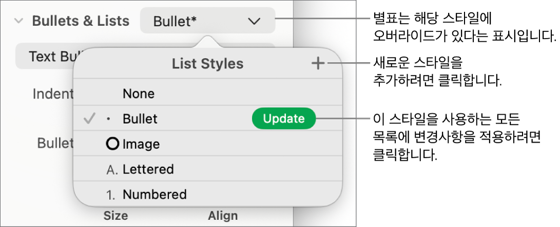 오버라이드와 새로운 스타일 버튼에 대한 설명 그리고 스타일을 관리하기 위한 하위 메뉴 옵션을 나타내는 별표가 있는 목록 스타일 팝업 메뉴.