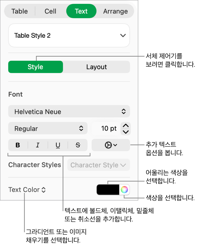 표 텍스트의 스타일을 지정하는 제어기.