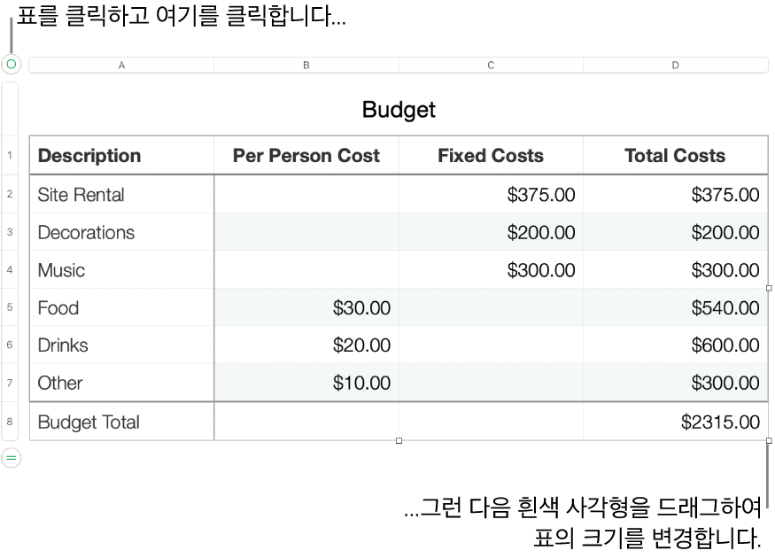 크기 조절용 흰색 사각형이 있고 선택되어 있는 표.