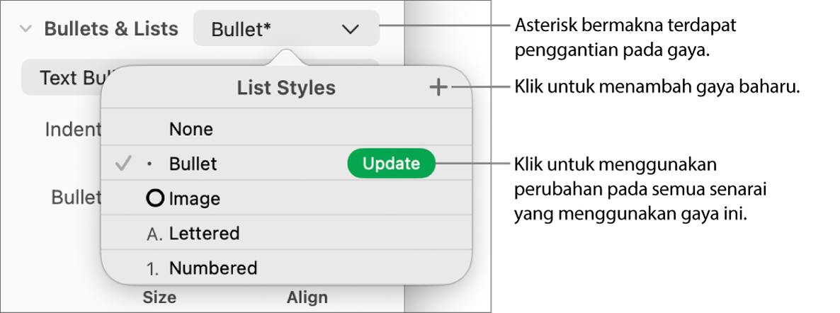 Menu timbul Gaya Senarai dengan asterisk yang menunjukkan penggantian, petak bual pada butang Gaya Baharu dan submenu pilihan untuk menguruskan gaya.