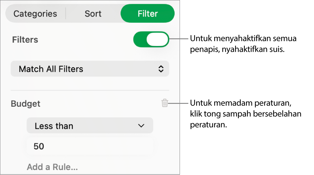 Kawalan untuk memadamkan penapis atau menyahaktifkan semua penapis.