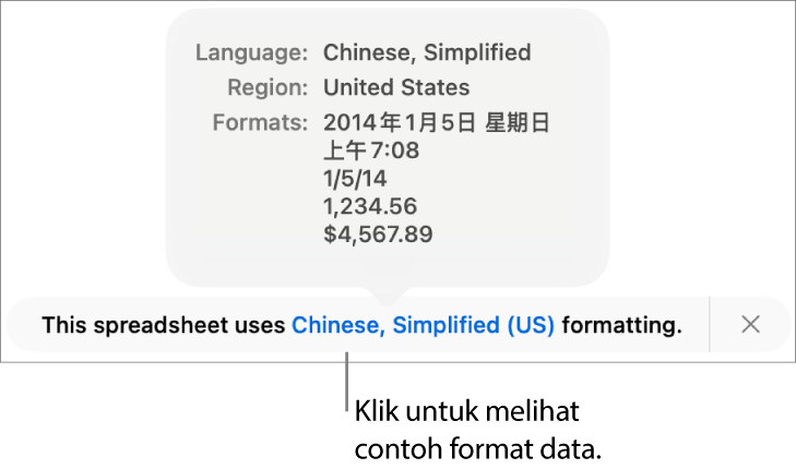 Pemberitahuan seting bahasa dan rantau berbeza, menunjukkan contoh format dalam bahasa dan rantau itu.