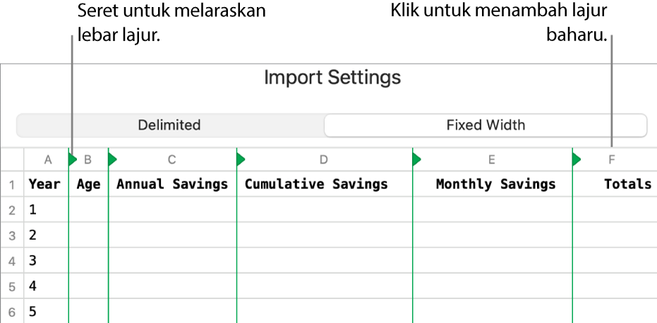 Seting import untuk fail teks lebar tetap.