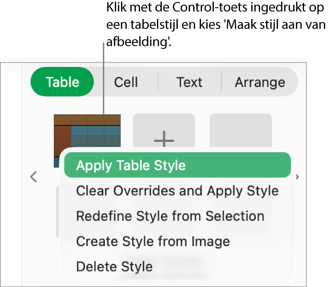 Het contextuele menu voor tabelstijlen.