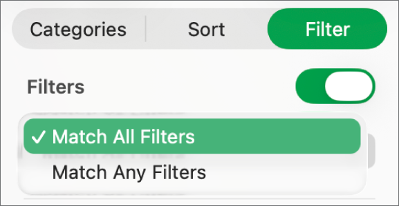 Het pop‑upmenu om te kiezen of alleen rijen worden weergegeven die voldoen aan alle filters, of alle rijen die aan minimaal een van de filters voldoen.