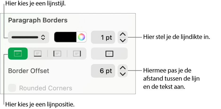 Regelaars voor het wijzigen van de stijl, dikte, positie en kleur van de lijn.