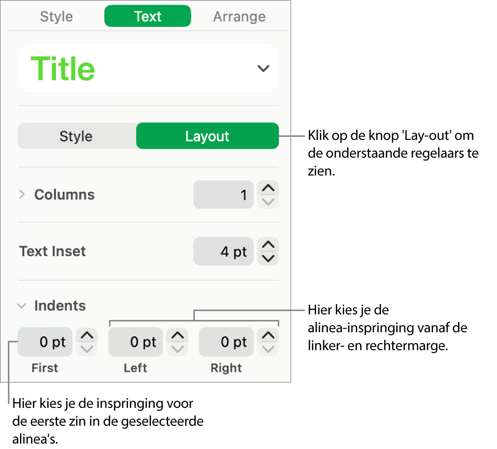 Het gedeelte 'Lay-out' van de navigatiekolom 'Opmaak' met regelaars voor het instellen van het inspringniveau van de eerste regel en de alineamarges.