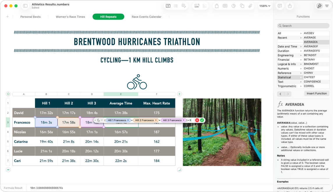 Okno Numbers z zaznaczoną komórką. Zaznaczona komórka wyświetla wynik formuły, a poniżej komórki w edytorze formuł wyświetlana jest pełna formuła. Wartości użyte w formule są wyróżnione, a na pasku bocznym wyświetlana jest Pomoc formuł i funkcji.