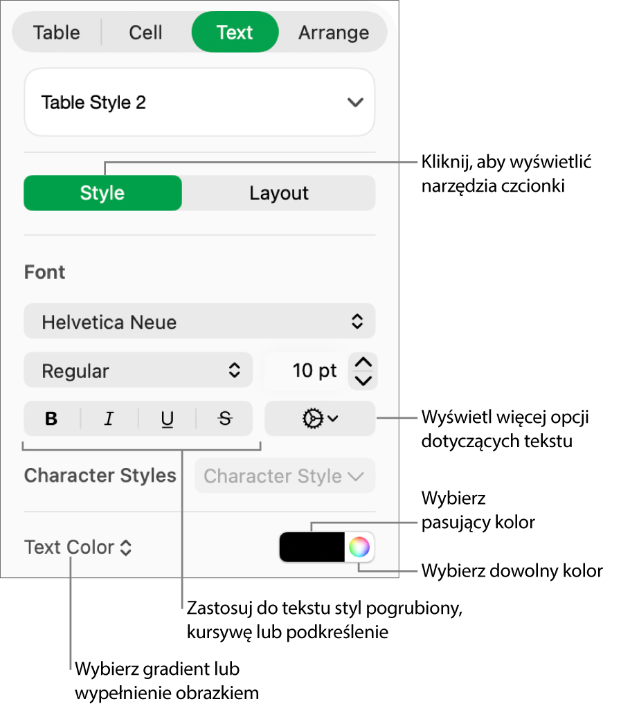 Narzędzia edycji stylu tekstu w tabeli.