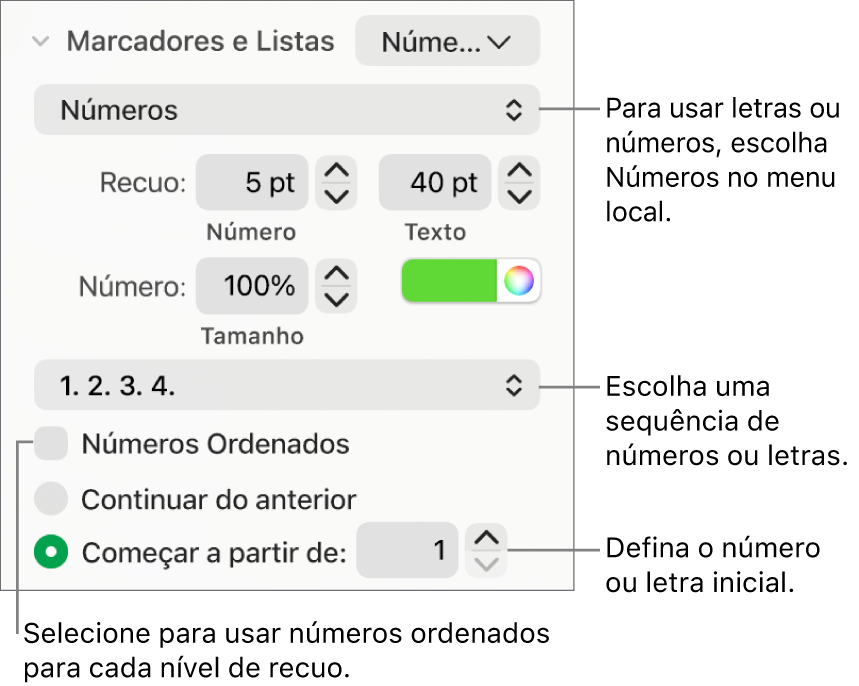 Controles para alterar o estilo dos números e espacejamento de uma lista.