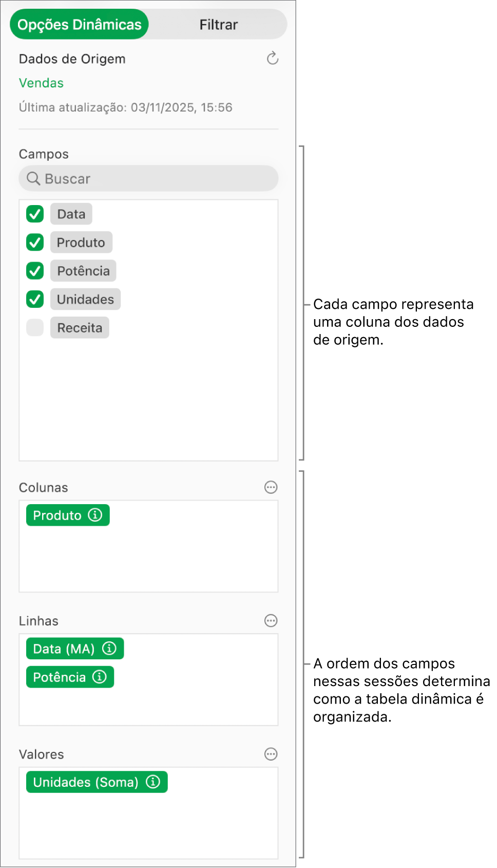 Menu Opções Dinâmicas mostrando campos das seções Colunas, Linhas e Valores, bem como controles para editar os campos e atualizar a tabela dinâmica.