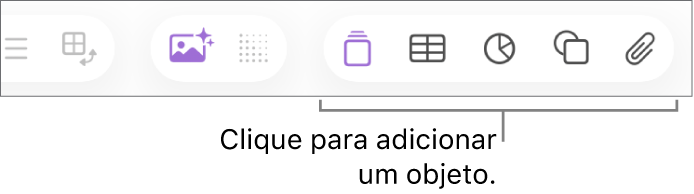 Janela do Numbers com chamadas para os botões de objeto na barra de ferramentas.