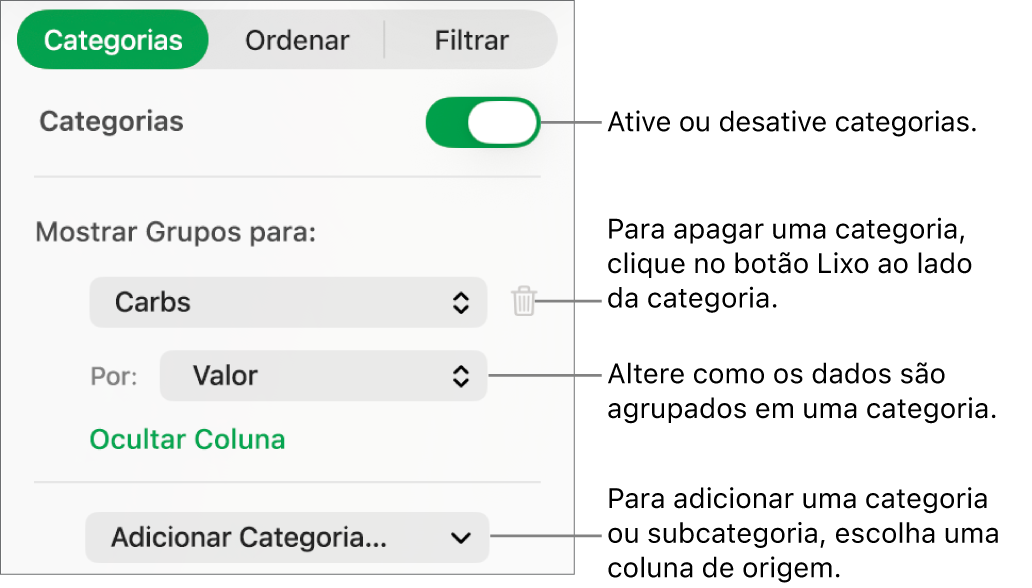 A barra lateral de categorias com opções para desativar categorias, excluir categorias, reagrupar dados, ocultar uma coluna de origem e adicionar categorias.