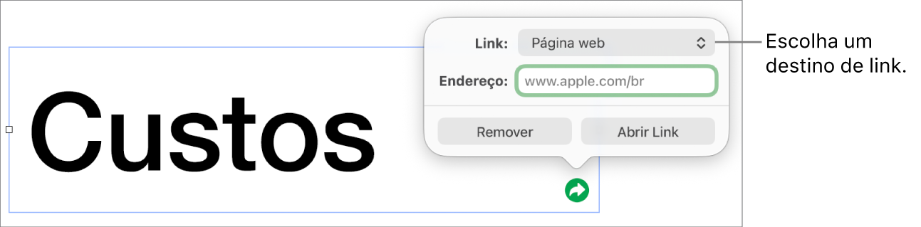 Controles do editor de links com “Página Web” selecionado e os botões Remover e “Abrir Link” na parte inferior.
