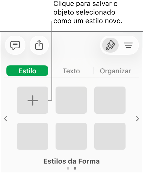 Aba Estilo da barra lateral Formatar com quatro estilos de imagens, um botão Criar Estilo e um marcador de posição de estilo vazio.