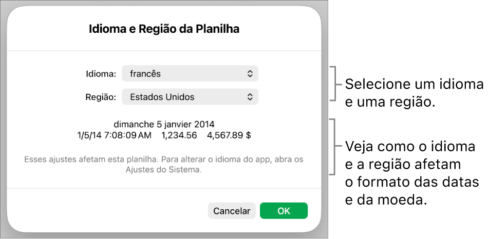 Painel de Idioma e Região com controles para idioma e região e um exemplo de formatação, incluindo data, hora, decimal e moeda.