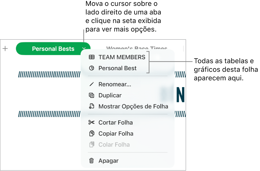 Uma aba de planilha com o menu de atalhos aberto mostrando opções, inclusive Duplicar.