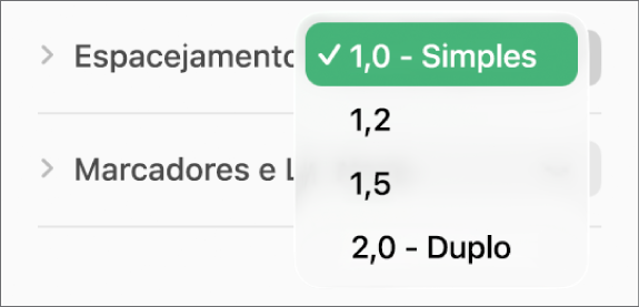 Menu pop-up Espacejamento com as opções Simples, Duplo e outras.