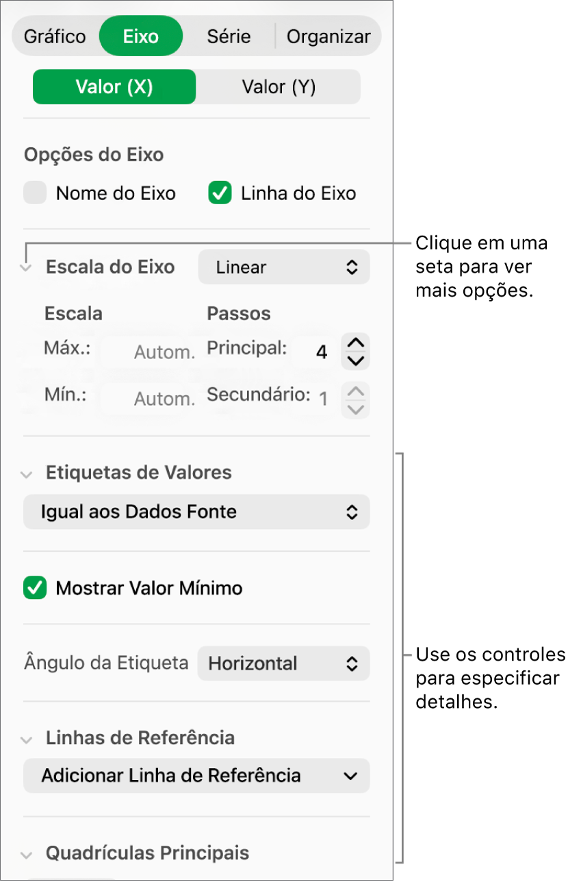 Controles para formatação de marcações de eixo do gráfico.