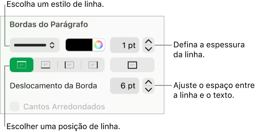 Controles para alterar o estilo, a espessura, a posição e a cor da linha.