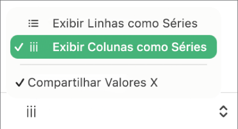 Menu pop-up para escolher se as linhas ou colunas devem ser exibidas como séries.