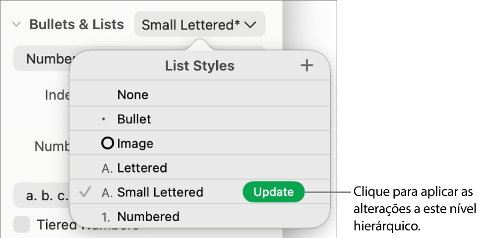 O menu pop-up “Estilos de lista” com um botão “Atualizar” junto ao nome do novo estilo.
