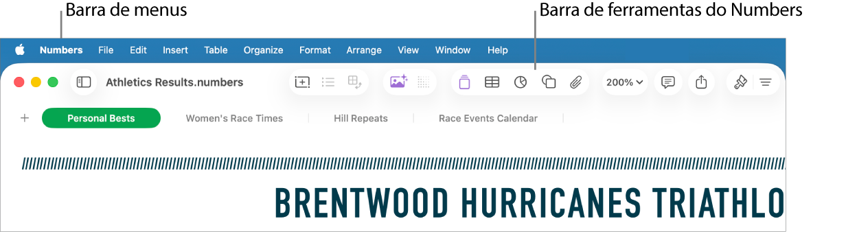 A barra de menus na parte superior do ecrã com os menus "Apple”, “Numbers”, “Ficheiro”, “Edição”, “Inserção”, “Tabela”, “Organizar”, “Formatação”, “Ordem”, “Visualização”, “Janela” e “Ajuda”. Por baixo da barra de menus encontra-se uma folha de cálculo aberta do Numbers com os botões da barra de ferramentas na parte superior para “Visualização”, “Ampliação”, “Adicionar categoria”, “Inserir”, “Tabela”, “Gráfico” e “Texto”.