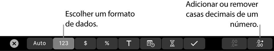 A Touch Bar do MacBook Pro com controlos para escolher o formato dos dados e adicionar ou remover casas decimais de um número.