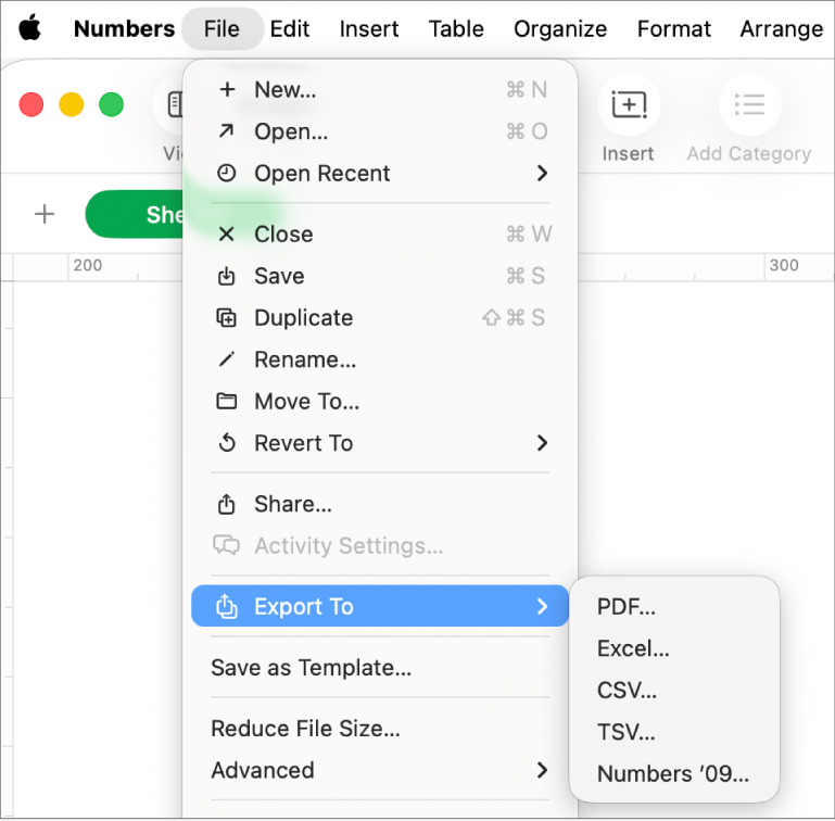 O menu "Ficheiro” aberto com a opção “Exportar para” selecionada e o respetivo submenu a mostrar opções de exportação para PDF, Excel e CSV.