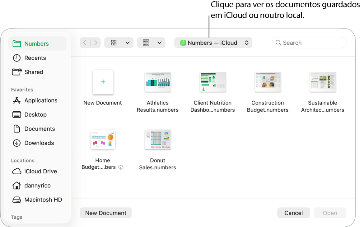 A caixa de diálogo Abrir com a barra lateral aberta à esquerda e iCloud Drive selecionado no menu pop-up na parte superior. As pastas para Keynote, Numbers e Pages aparecem na caixa de diálogo juntamente com um botão “Novo documento”.