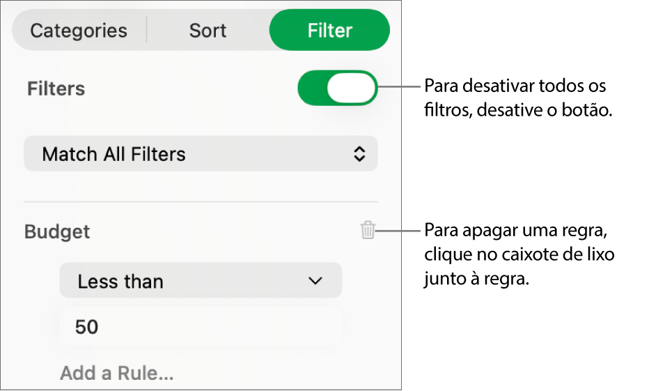 Controlo para apagar um filtro ou desativar todos os filtros.