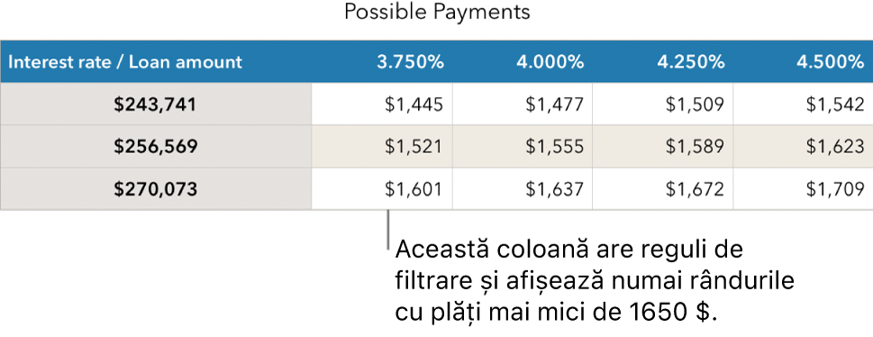 Un tabel care afișează ipoteca după filtrarea în funcție de ratele de dobândă pe care vi le permiteți.