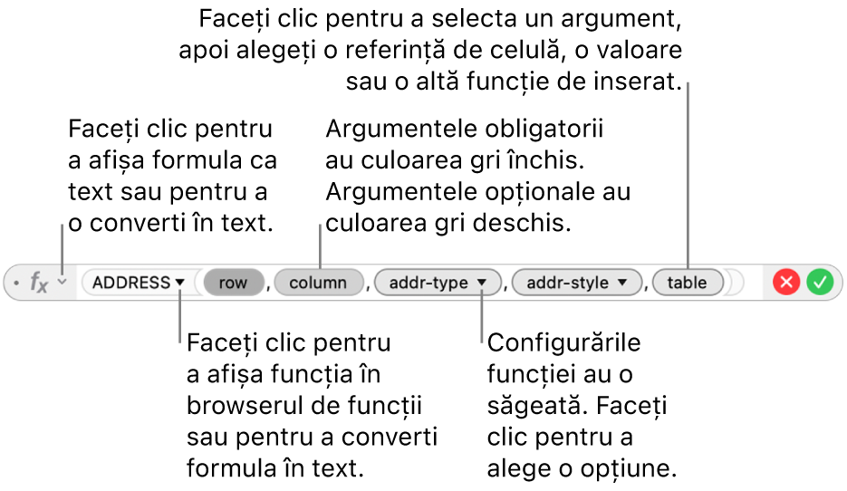 Editorul de formule afișând funcția ADDRESS și tokenurile de argumente.