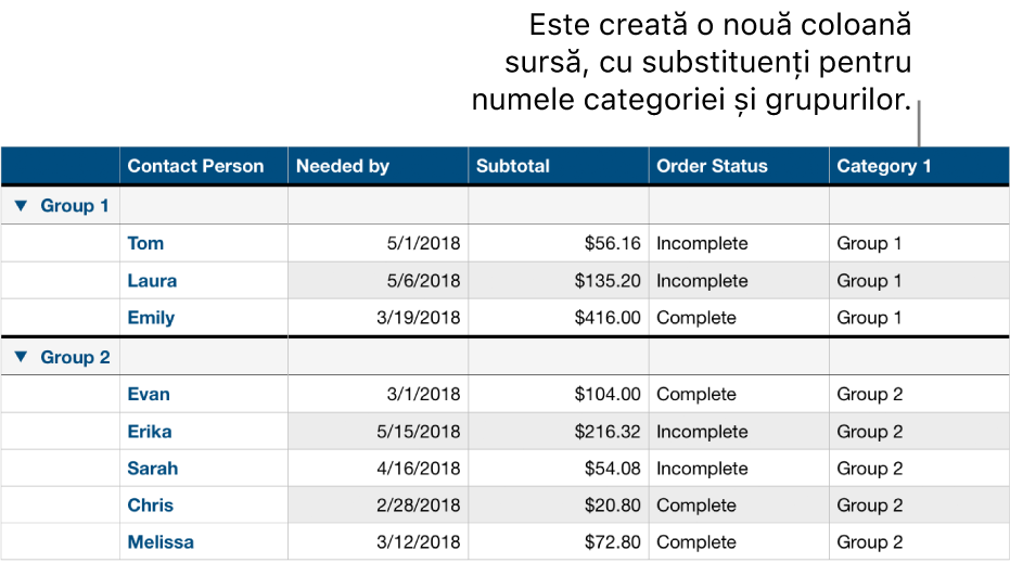 Un tabel categorisit cu nume substituente pentru categorie și grupuri.