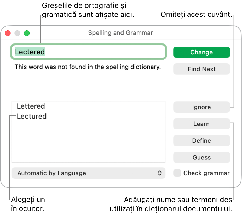 Fereastra Ortografie și gramatică.