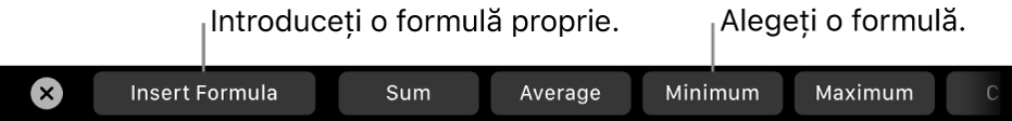 Bara Touch Bar de pe MacBook Pro cu comenzi pentru inserarea unei formule proprii și alegerea unei formule utilizate în mod obișnuit.