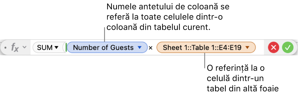 Editorul de formule afișând o formulă care se referă la o coloană dintr-un tabel și o celulă din alt tabel.