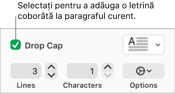 Caseta de validare Letrină coborâtă este selectată și un meniu pop-up apare în dreapta acesteia; comenzile pentru configurarea înălțimii liniei, a numărului de caractere și alte opțiuni apar sub aceasta.