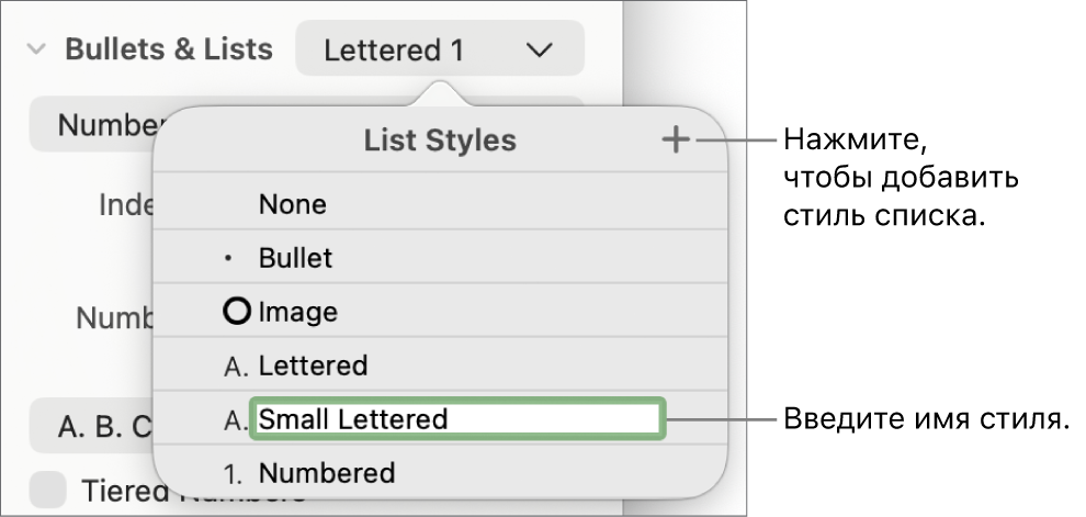 Всплывающее меню «Стили списков». В правом верхнем углу расположена кнопка добавления, выбран текст-заполнитель имени стиля.