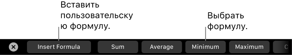 Панель Touch Bar на MacBook Pro. Показаны элементы управления для вставки произвольной формулы и выбора часто используемых формул.