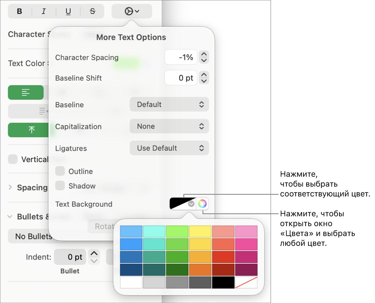 Элементы управления для выбора заливки символов.