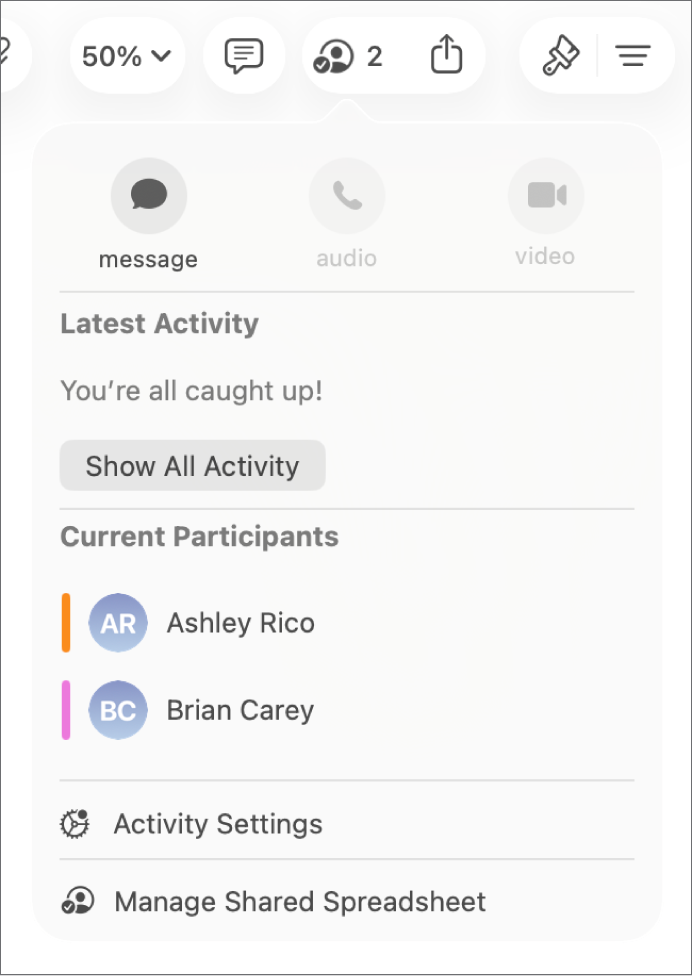 Меню совместной работы, в котором показаны имена людей, совместно работающих над таблицей.