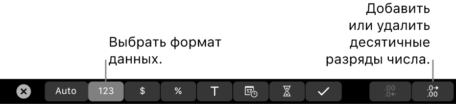 Панель Touch Bar на MacBook Pro. Показаны элементы управления для выбора формата данных, а также добавления и удаления десятичных разрядов в числе.